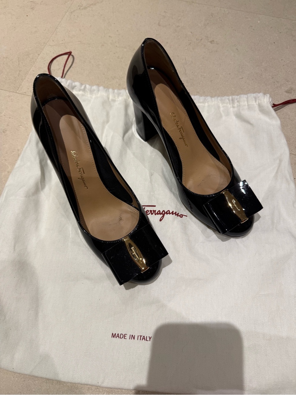 Salvatore Ferragamo Black Patent Vara Bow Block Heel Pumps